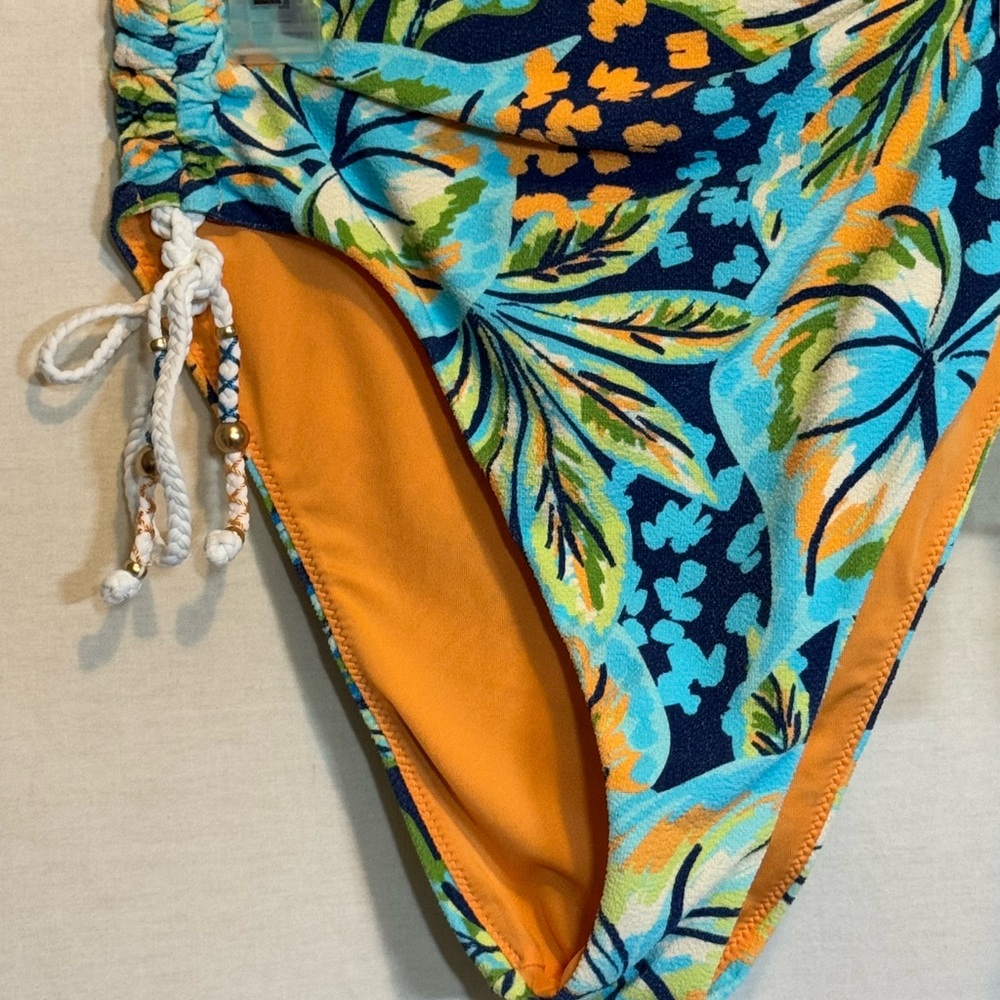 AA-266 Aerie NWT High Cut Cheeky Blue & Orange Floral‎ Bikini Bottoms Size M - Picture 2 of 12